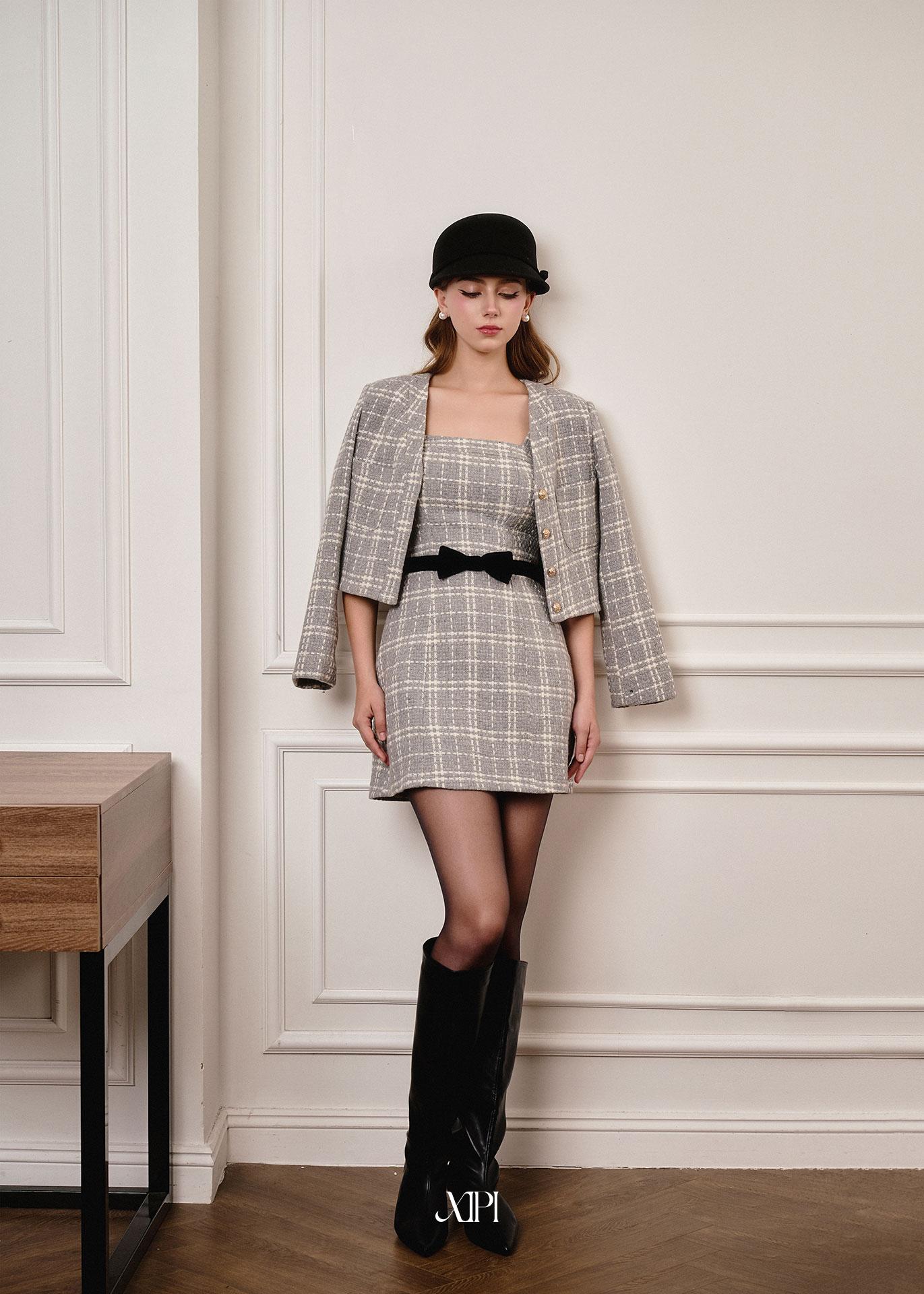 Zenna Coat - Áo Tweed Caro Xám