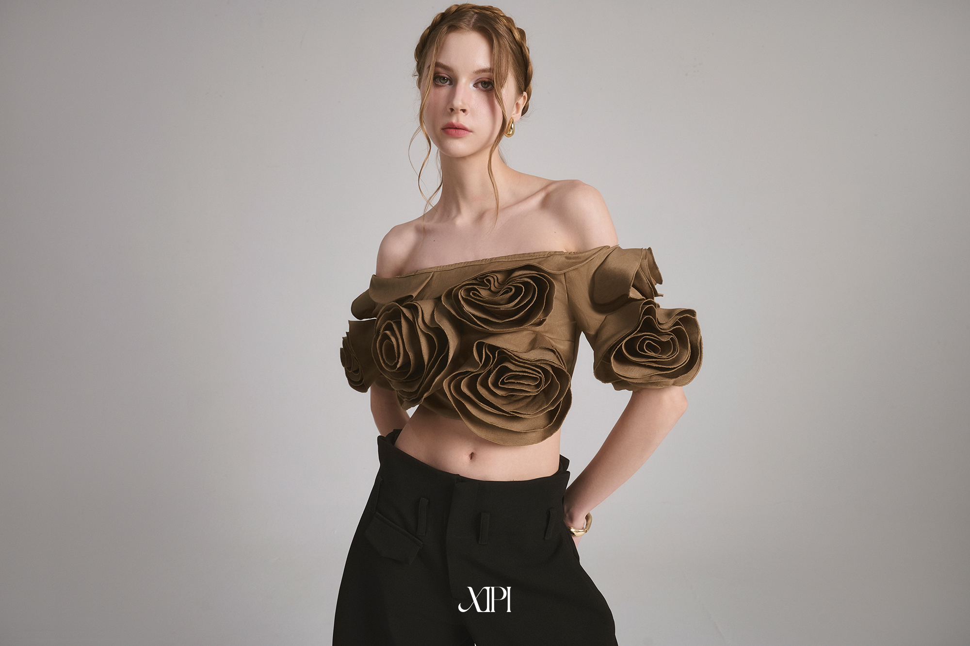 Elina Brown Top - Áo Croptop Bẹt Vai Nâu Đính Hoa