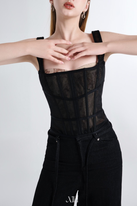 Clara - Áo Cúp Nâu Phối Lưới Corset