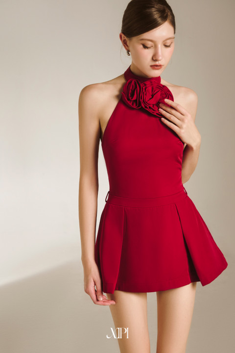 Selene Red Dress - Đầm Yếm Đỏ Đính Hoa Tùng Xếp