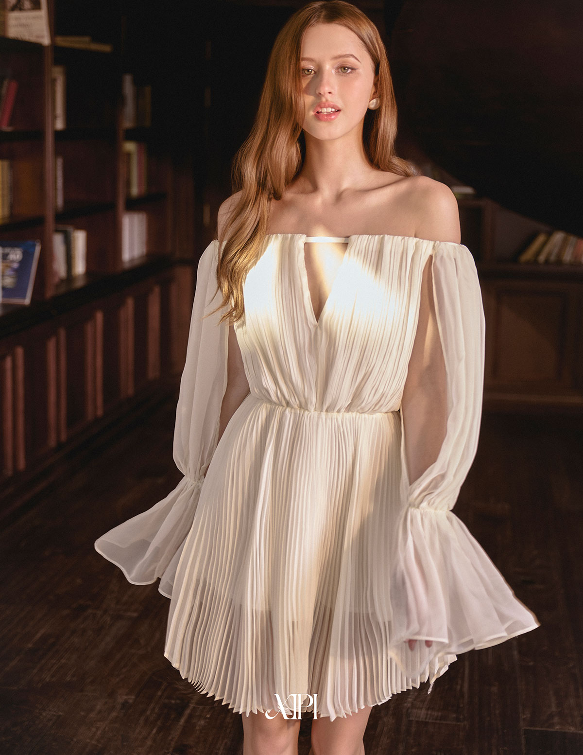 Fanny Dress - Đầm Voan Kem Dập Ly Bẹt Vai