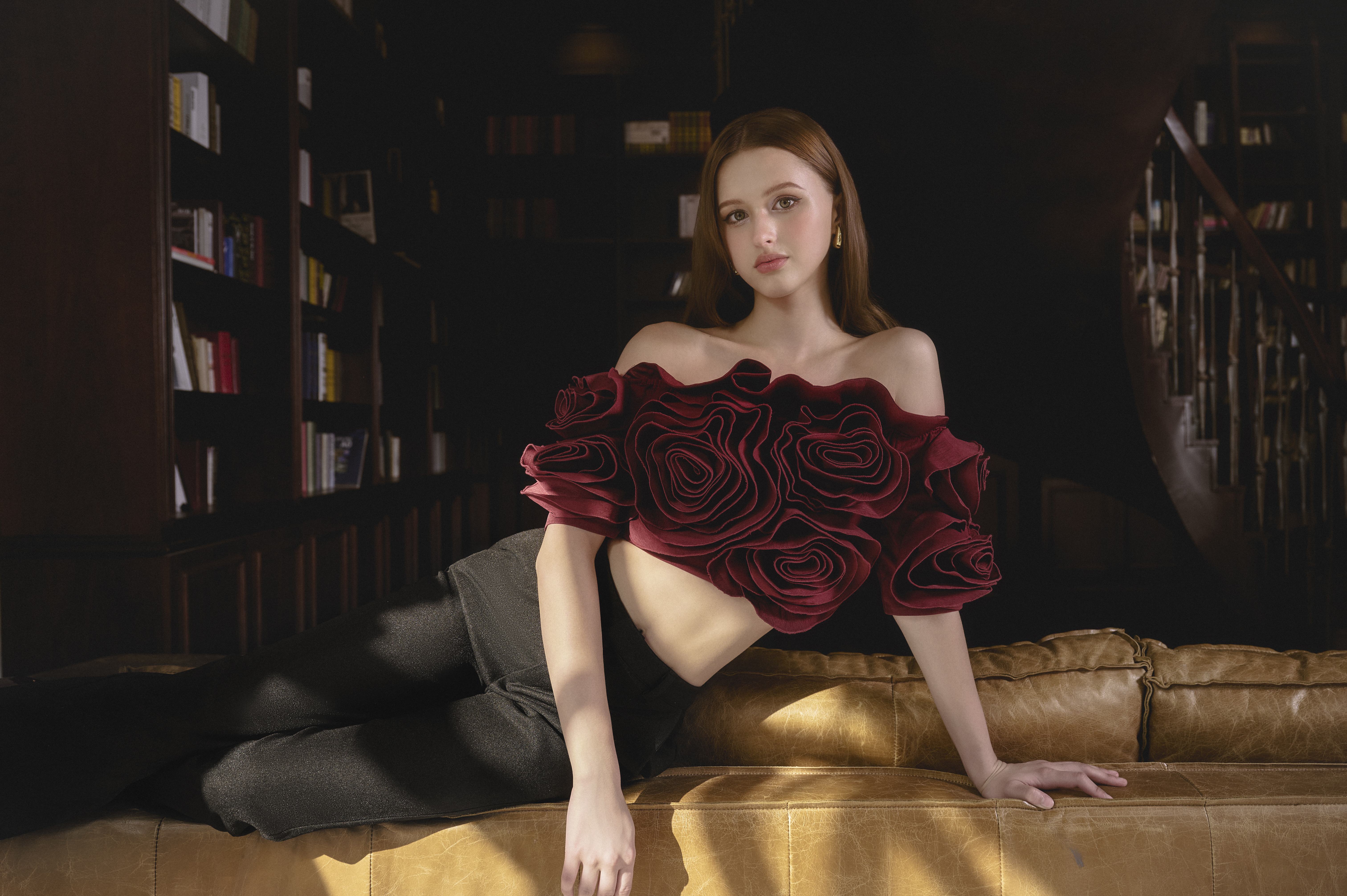 Elina Red Top - Áo Croptop Bẹt Vai Đỏ Đính Hoa