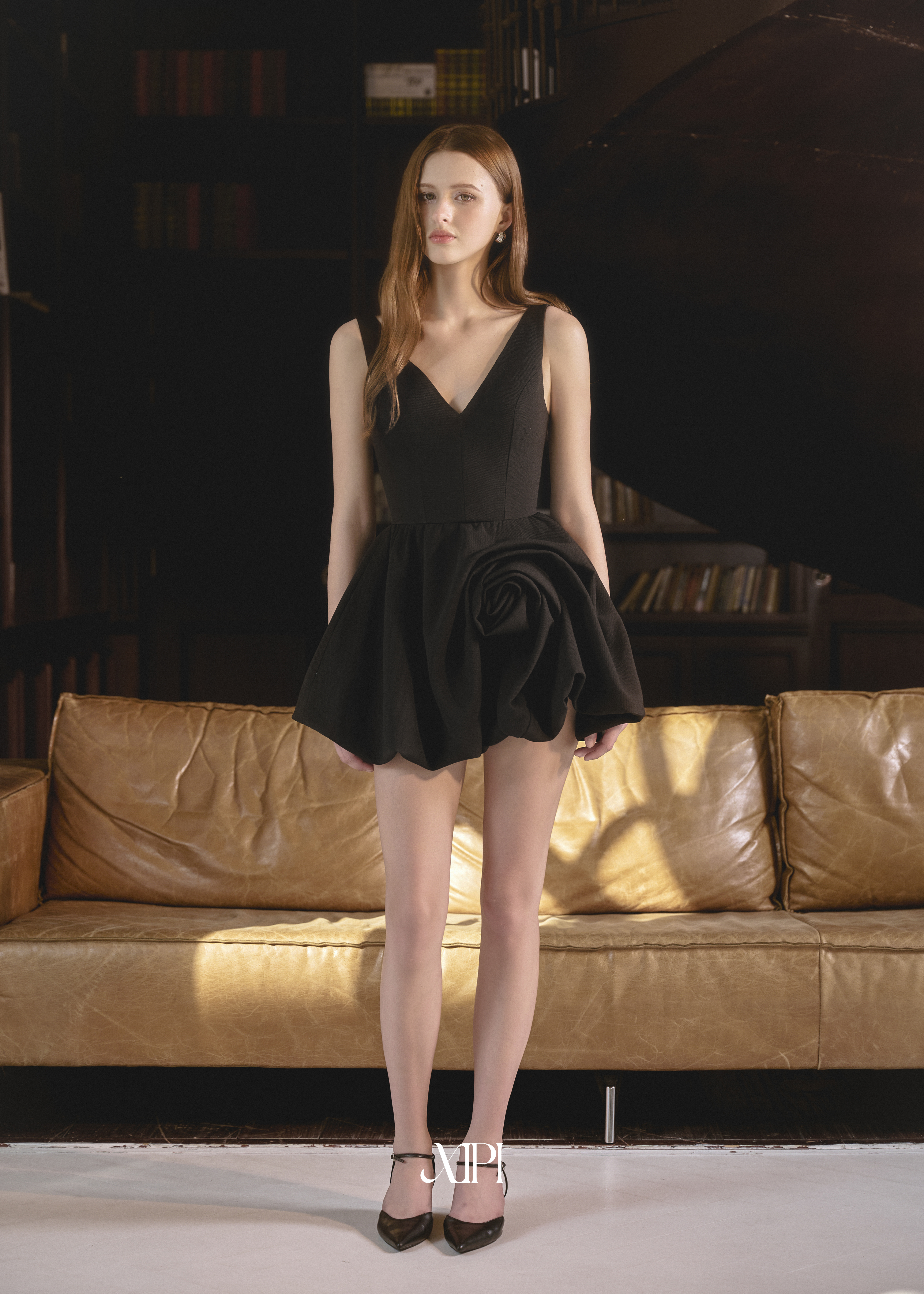 Rosy Glow Dress - Đầm Cổ V Đen Tùng Nhún Bí Đính Hoa